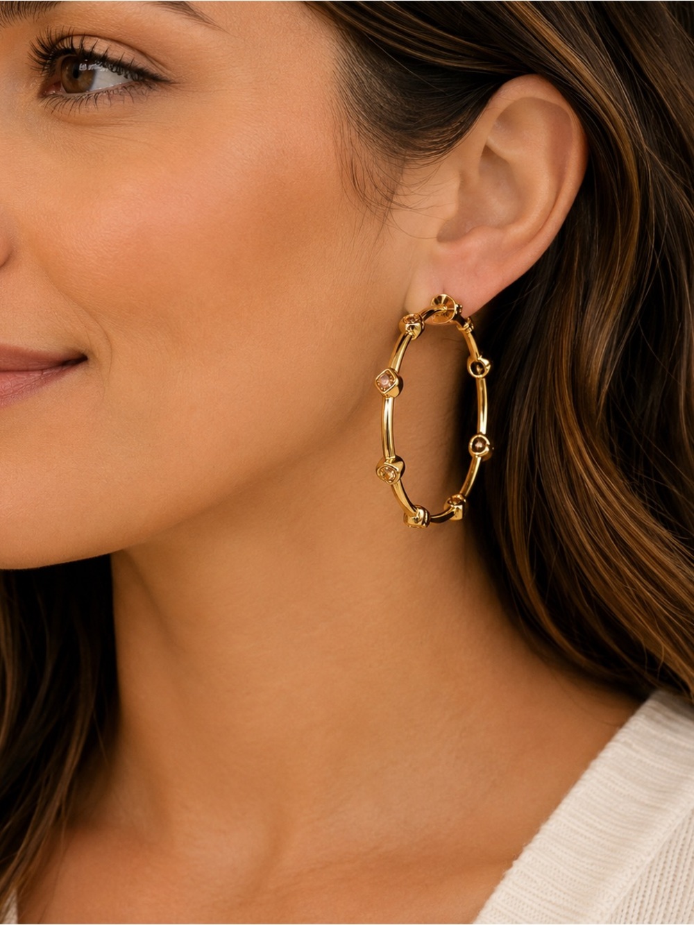 Coach Gold Tone Crystal Embellished Hoop Earrings Statement Jewelry #42